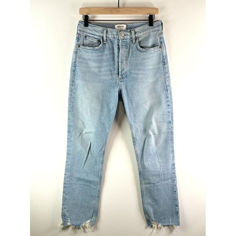 Agolde Womens Jeans Blue Denim Straight Button Fly Casual Raw Hem Light Wash 28